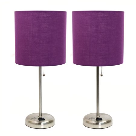 DIAMOND SPARKLE Brushed Steel Stick Table Lamp with Charging Outlet & Fabric Shade, Purple - Set of 2 DI2519785